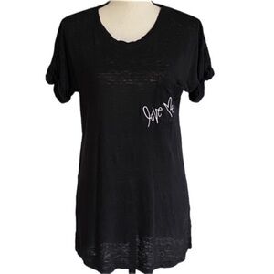 REBECCA MINKOFF “Love Me” black slub, burn-out linen t-shirt. Size XS. EUC